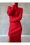 JDR Kadın Boğazlı Yırtmaçlı Uzun Triko Elbise