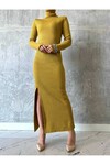 JDR Kadın Boğazlı Yırtmaçlı Uzun Triko Elbise