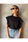 JDR Kolları Dantelli Kadın T-shirt Siyah