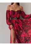 JDR Özel Tasarım Kadın Şifon Uzun Elbise Yeni Sezon Kemerli Kol Detaylı Elbise