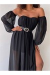 JDR Özel Tasarım Kadın Şifon Uzun Elbise Yeni Sezon Kemerli Kol Detaylı Elbise